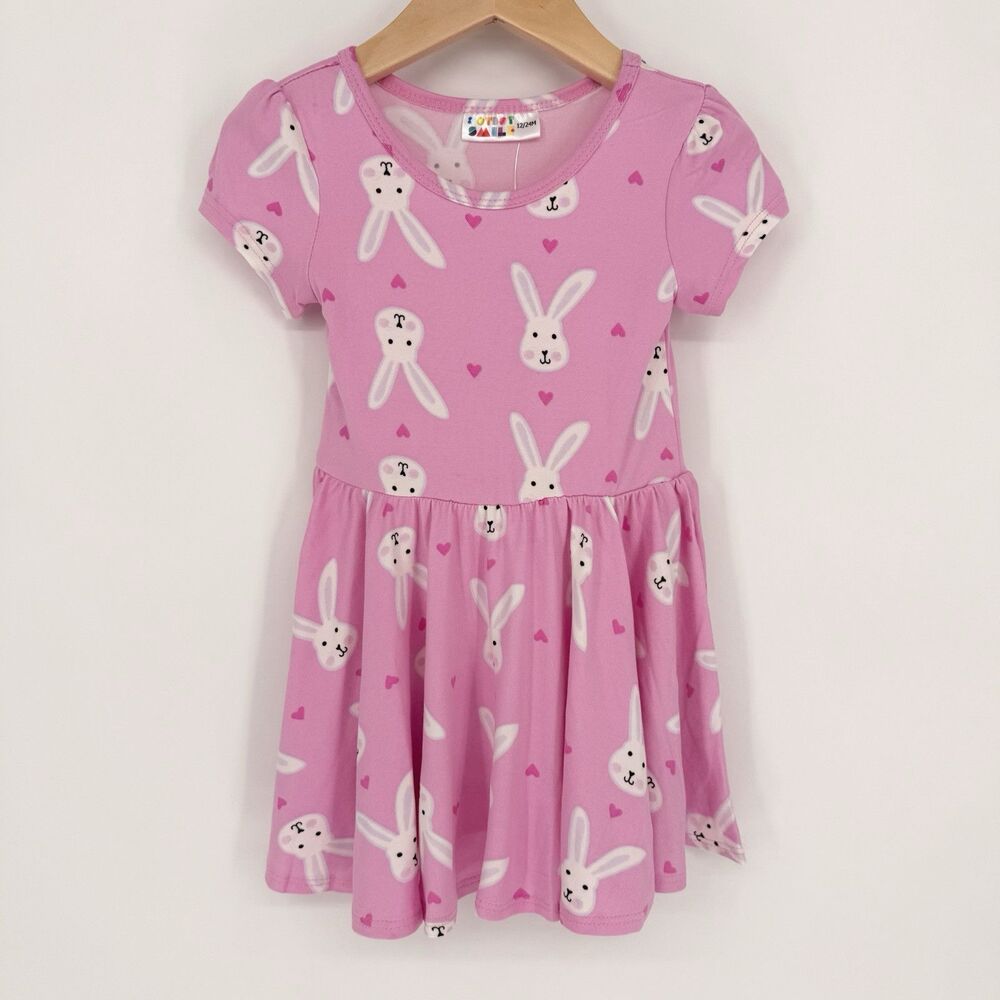 Dot Dot Smile NWT Baby Girl Size 12/24M Pink Easter Bunny Cap Sleeve Twirl Dress